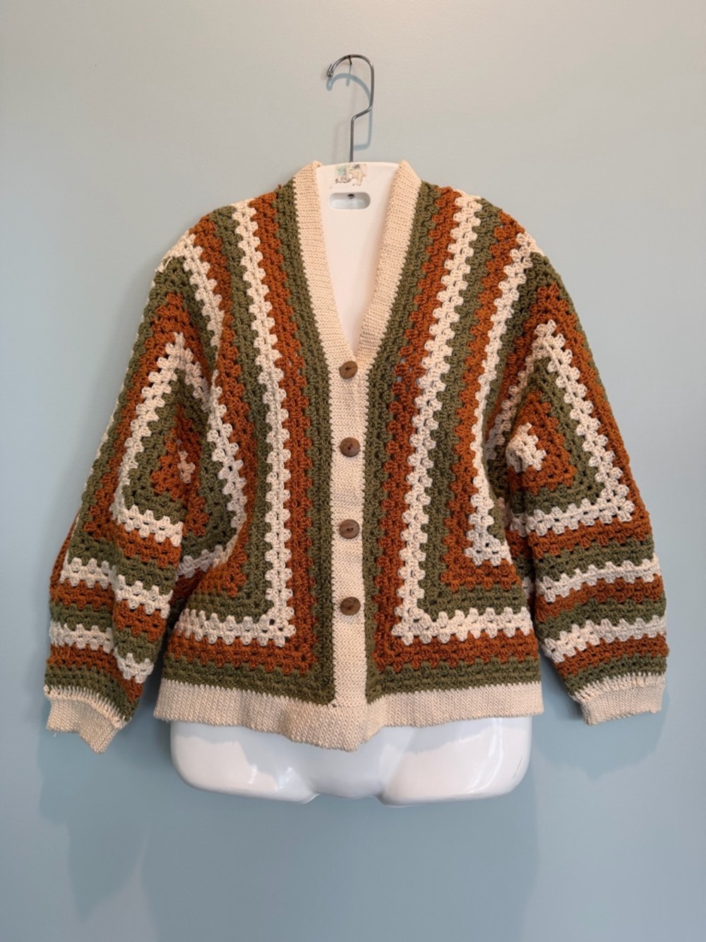 Handmade Crocheted Knitted Hexagon Pattern Granny Stitch Button Cardigan